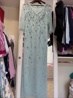 Adrianna Papell Light Blue Beaded V-Neck Evening Gown